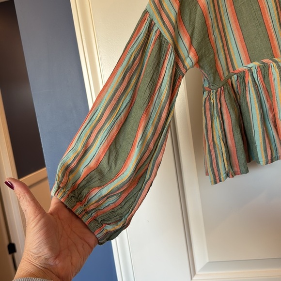 O’NEILL Rosie Stripe Top Bohemian Tie Closure Medium Green Blue - Picture 5 of 9